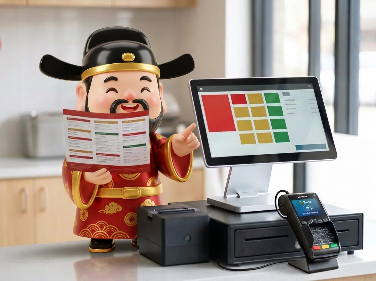The owner holds her printed paper menu next to the till's screen, which shows the same dishes as tiles