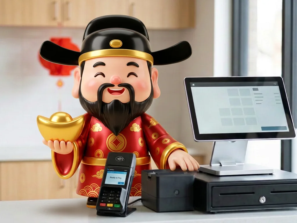 A bright Chinese takeout counter with the caiqi till on its cash drawer and the receipt printer beside it