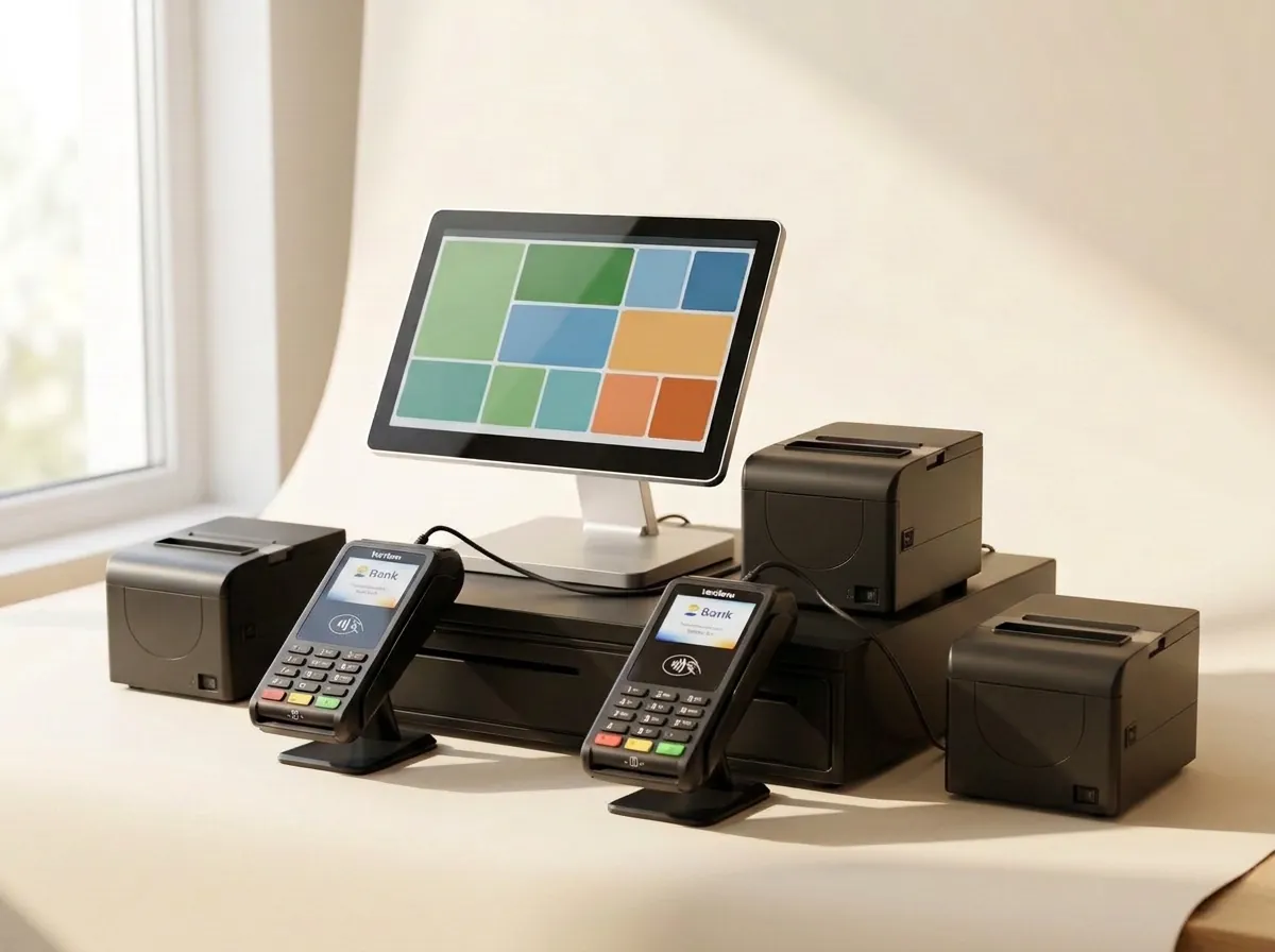 The caiqi set: touchscreen till on its stand, receipt printer and cash drawer