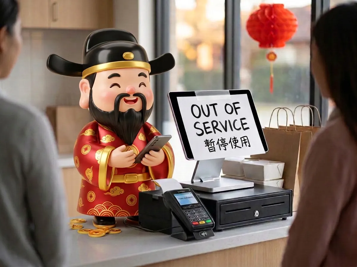 A cashier takes an order on a phone while the receipt printer keeps printing; the till's screen is dark